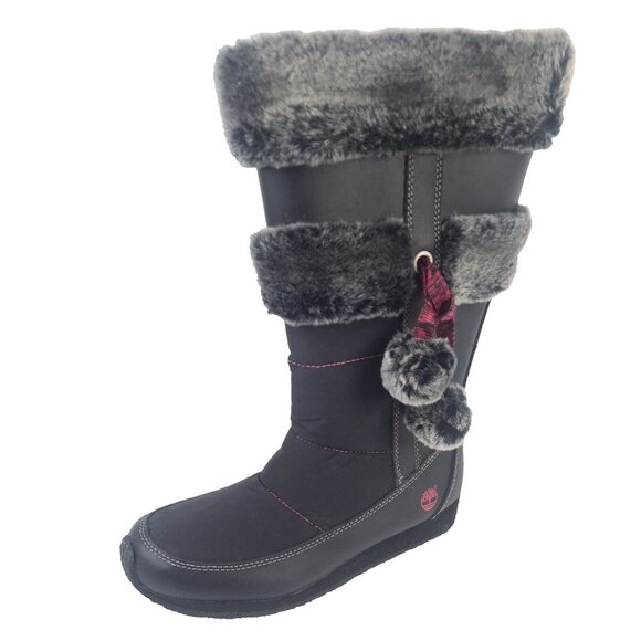TIMBERLAND Winter Berry Tall Fur Boot Black Leather Sz Girls 5.5 = 7 Women - Picture 1 of 11